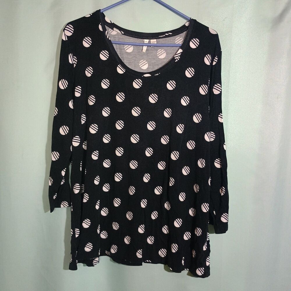 Women’s Black Polka Dot Tunic Top Long Sleeve White Dot Print Casual Blouse